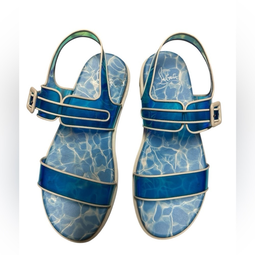 Christian Louboutin Nappa PVC Duniss Cool Flat Sandals Blanco/Blue Sz 39 - Picture 11 of 16